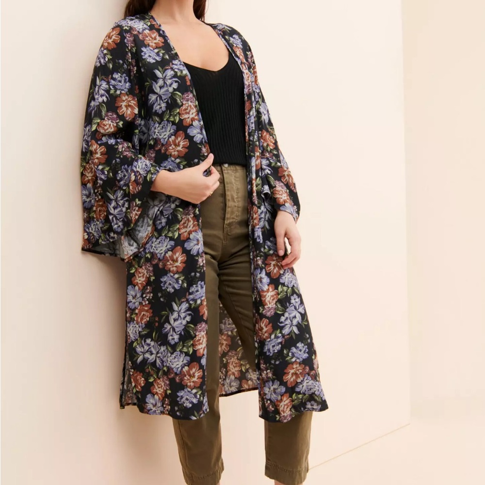Anthropology Floral Duster with dark blue Base